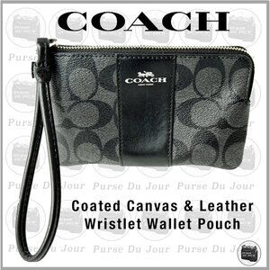 Coach Grey & Black Coated Canvas Signature C Wristlet Wallet Pouch #F58035